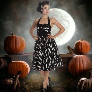 Hell Bunny Halloween Party Dress - Bats Print Fit Flare Halter dress - XS
